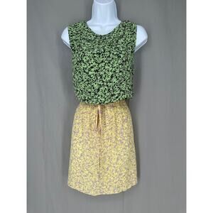 Y2K Vintage Dress Womens 6 Yellow Green Art Abstract Silk Mini Pastel Sleeveless